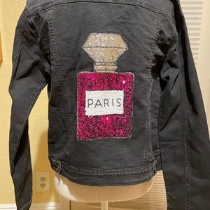 Black Jean jacket with Paris sequin perfume bottle on back